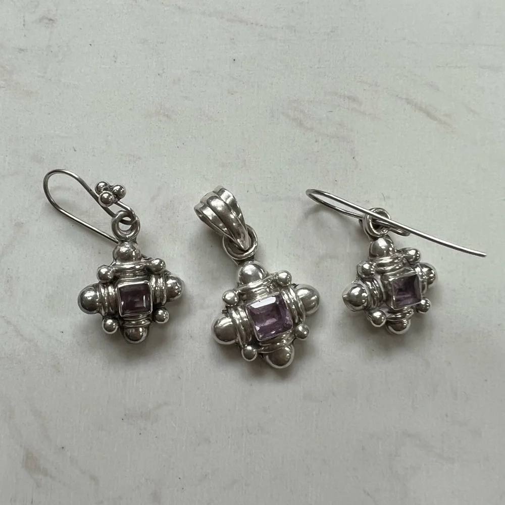 Vintage Sterling Silver Amethyst Pendant & Earring set